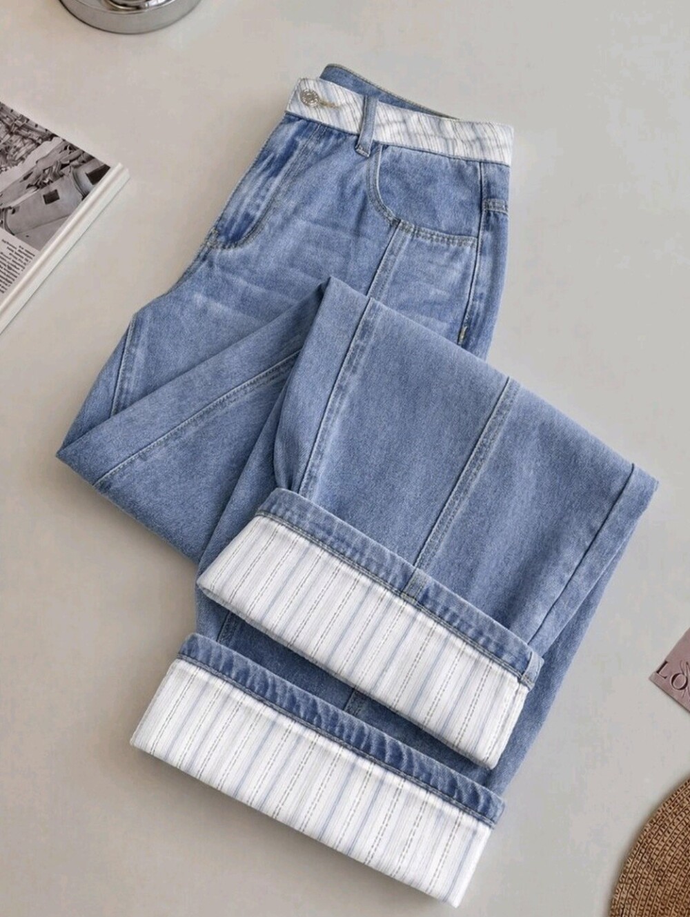 Women's Patchwork Striped Fabric Washed Loose Wide Leg Denim Jeans